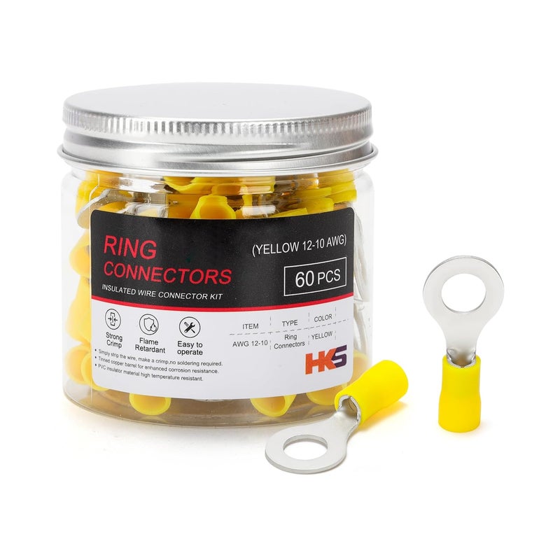 HK-S 60PCS Insulated Ring Terminal 5/16" Yellow 12-10 AWG - M8 - Tinned Red Copper - Electrical Wire Connector Kit Crimp PVC - Image 1